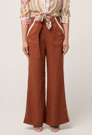 ONCE WAS Petite Grace Tencel Linen Contrast Bind Pant - Caramel PANTS - Zabecca Living