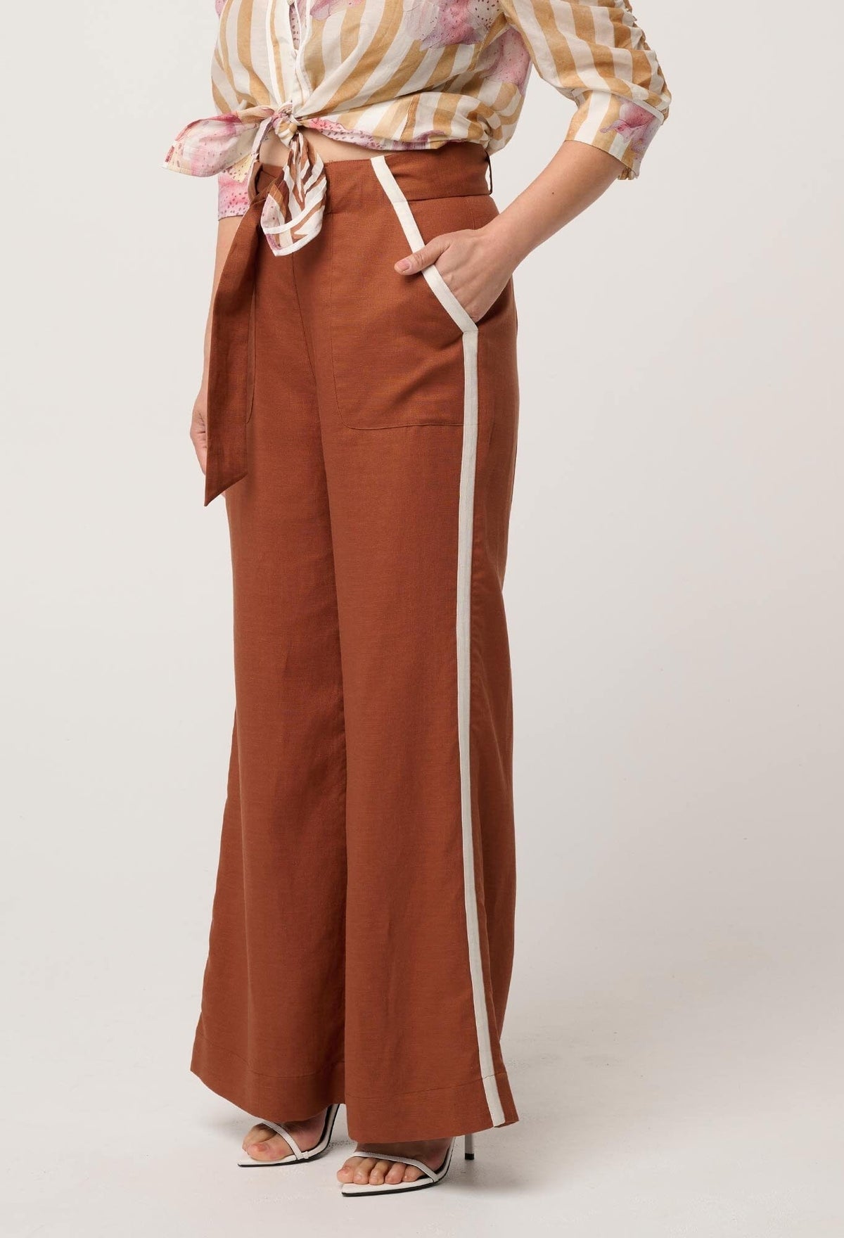 ONCE WAS Petite Grace Tencel Linen Contrast Bind Pant - Caramel PANTS - Zabecca Living