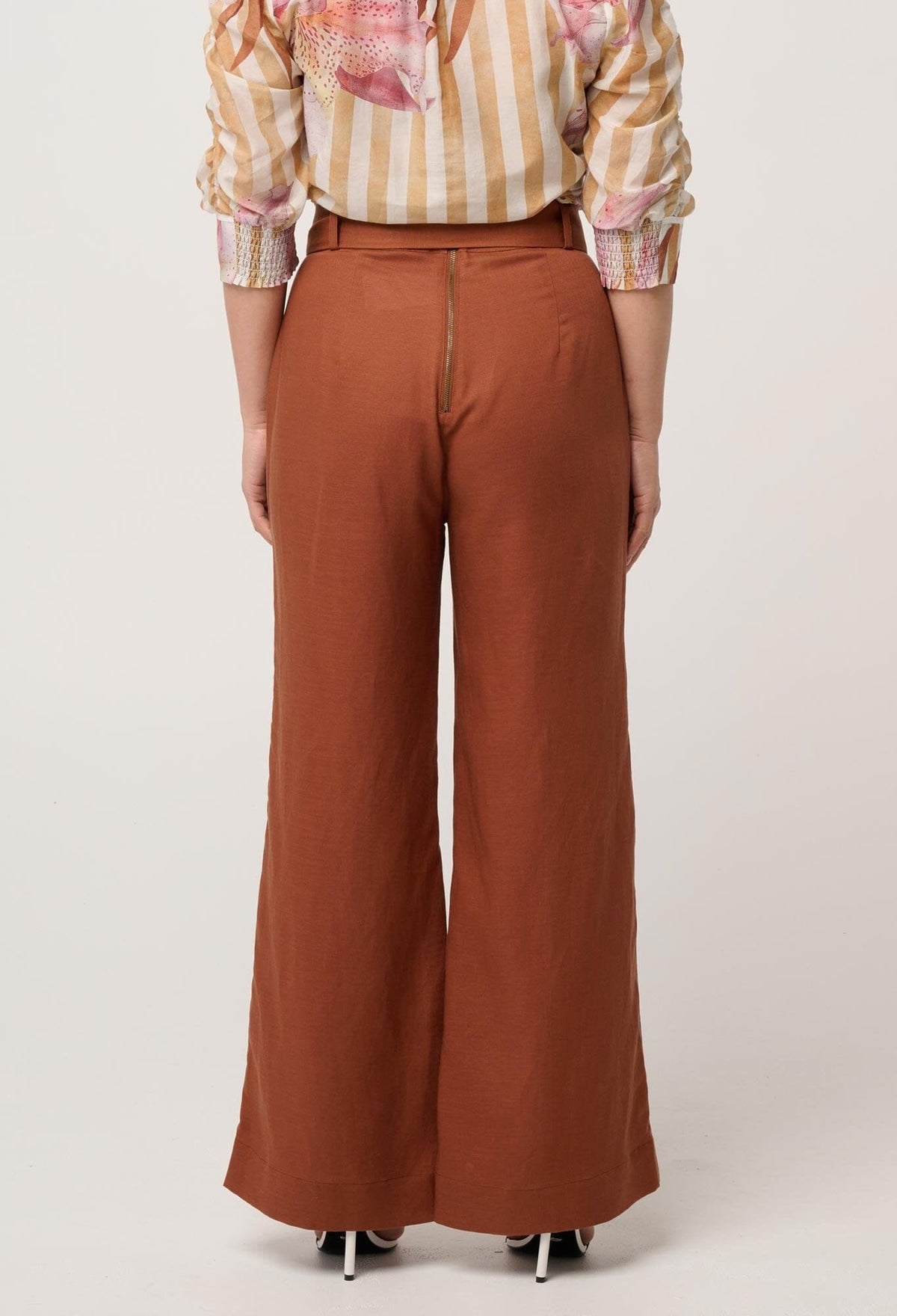ONCE WAS Petite Grace Tencel Linen Contrast Bind Pant - Caramel PANTS - Zabecca Living