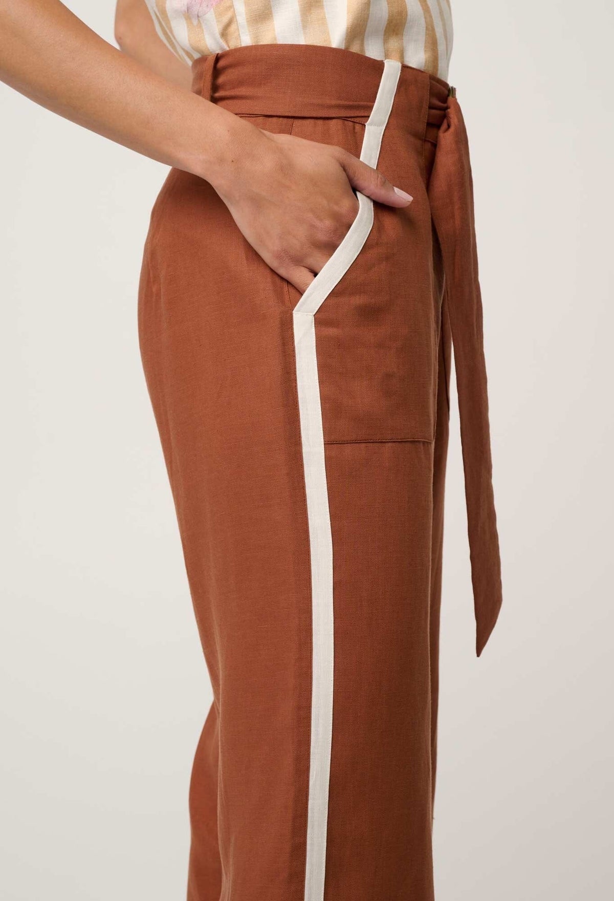 ONCE WAS Petite Grace Tencel Linen Contrast Bind Pant - Caramel PANTS - Zabecca Living