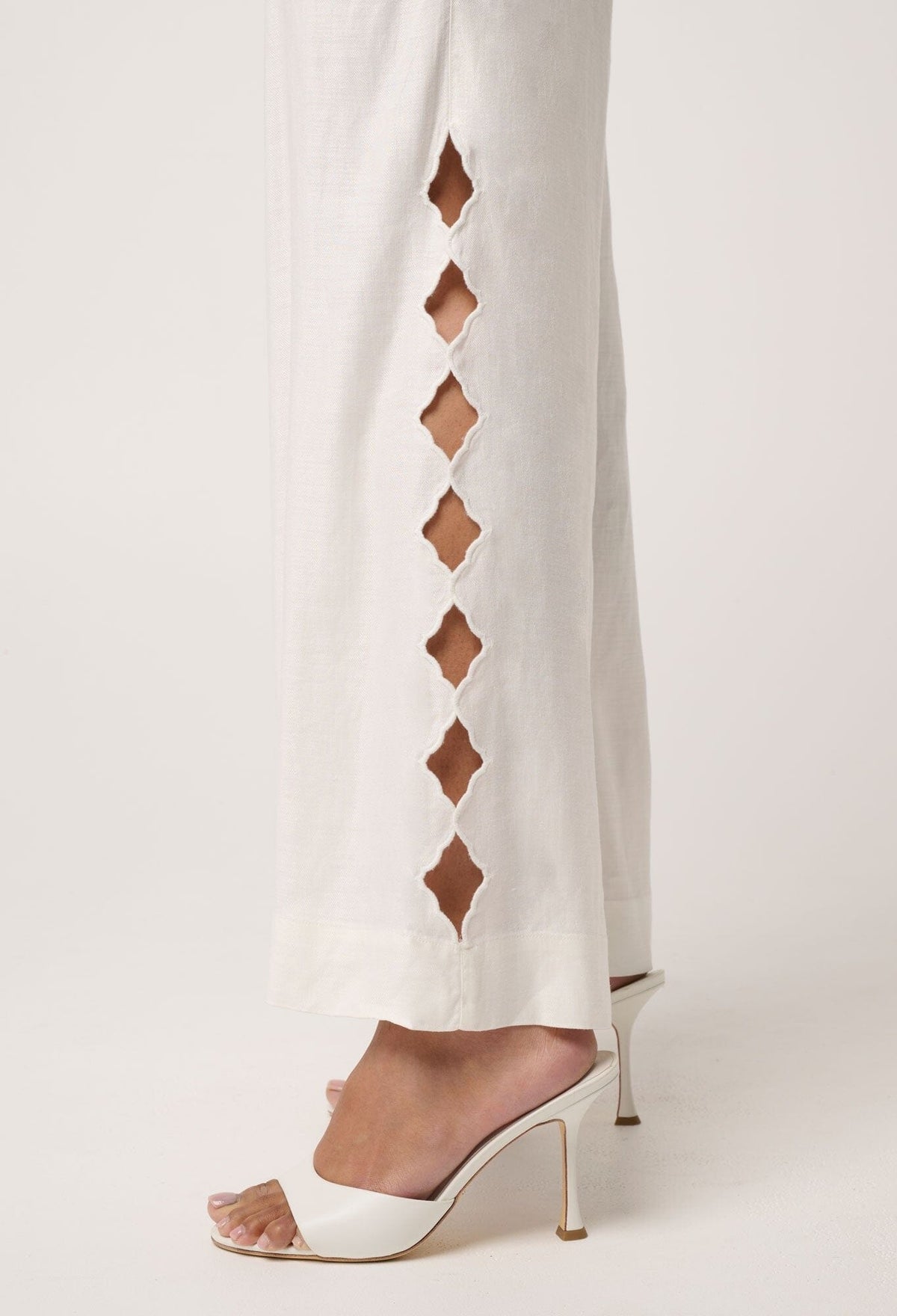 ONCE WAS Petite Kayla Stretch Linen Viscose Embroidery Pant - Ivory PANTS - Zabecca Living