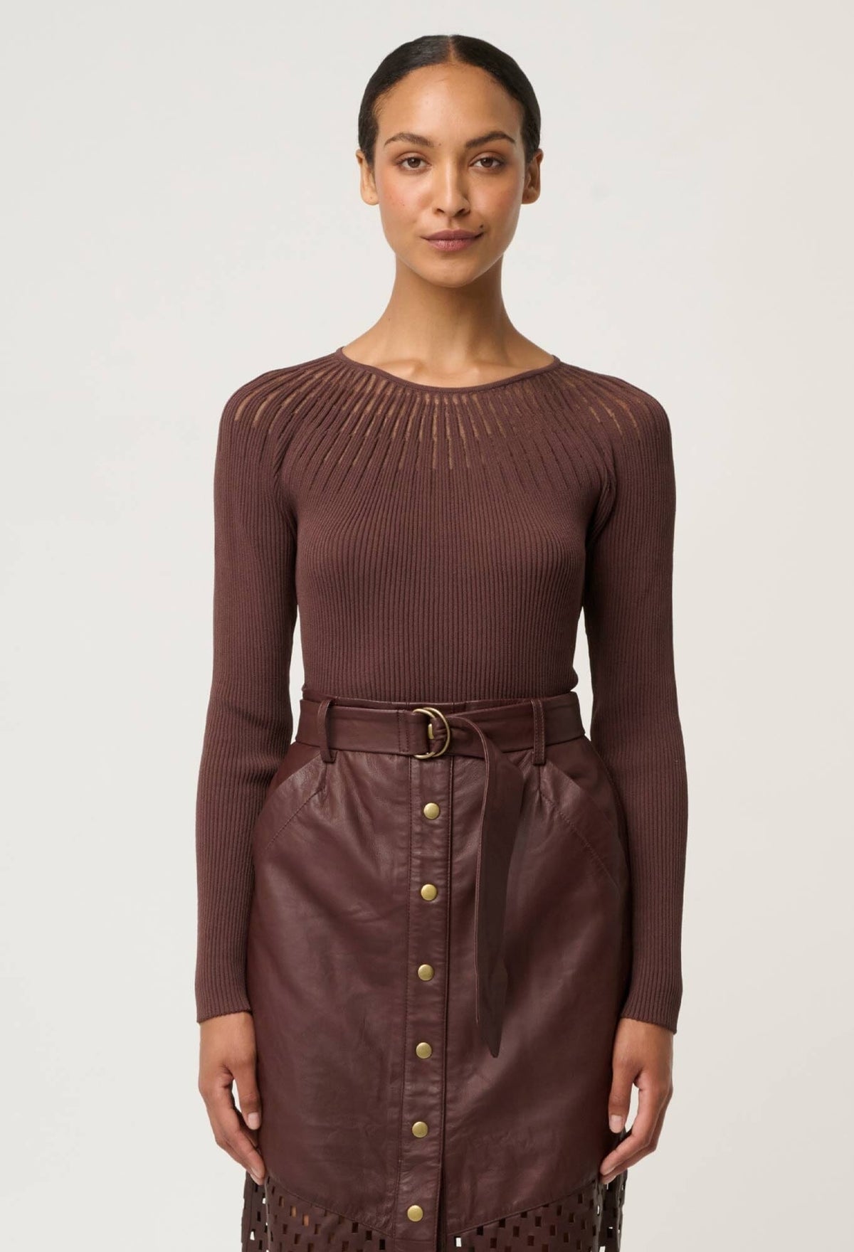 ONCE WAS Rhiannon Viscose Nylon Sheer Knit Top - Mocha Jumpers + Knitwear - Zabecca Living
