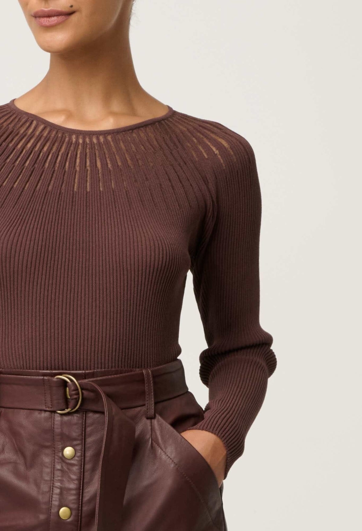 ONCE WAS Rhiannon Viscose Nylon Sheer Knit Top - Mocha Jumpers + Knitwear - Zabecca Living
