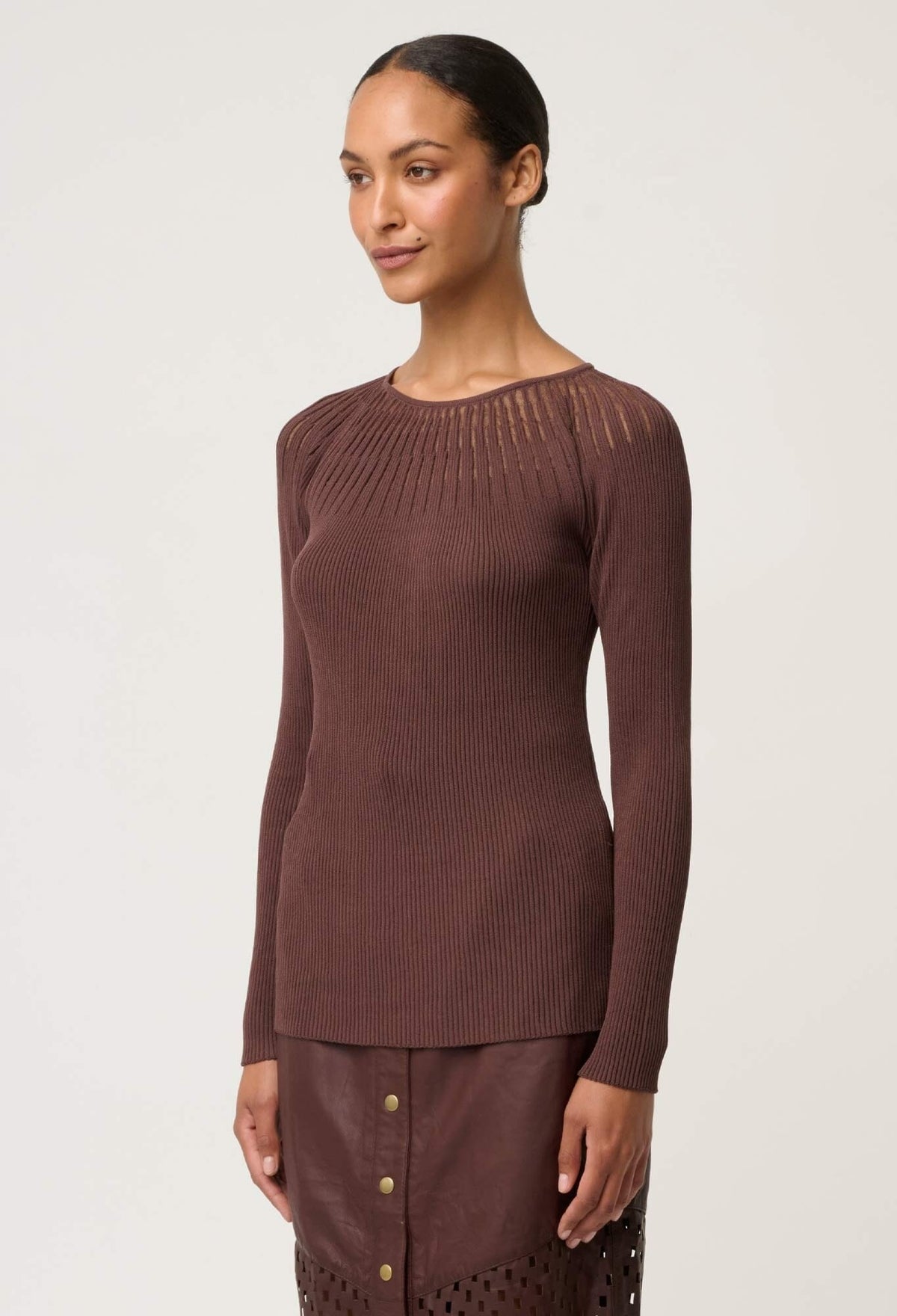 ONCE WAS Rhiannon Viscose Nylon Sheer Knit Top - Mocha Jumpers + Knitwear - Zabecca Living
