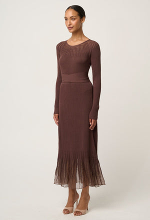 ONCE WAS Rhiannon Viscose Nylon Sheer Neckline Knit Dress - Mocha DRESS - Zabecca Living