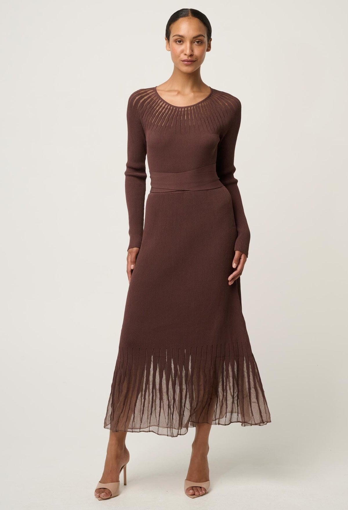 ONCE WAS Rhiannon Viscose Nylon Sheer Neckline Knit Dress - Mocha DRESS - Zabecca Living