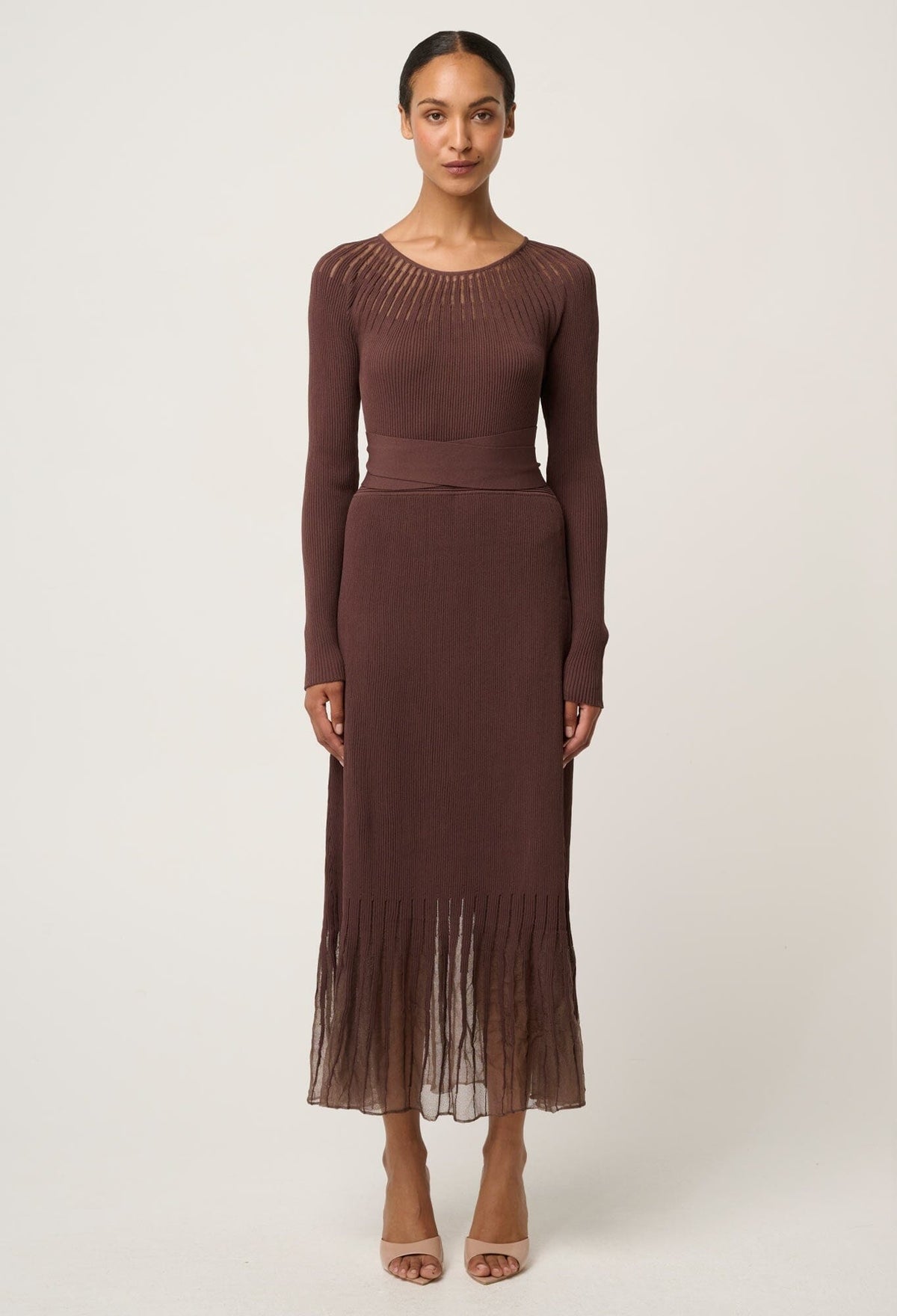 ONCE WAS Rhiannon Viscose Nylon Sheer Neckline Knit Dress - Mocha DRESS - Zabecca Living