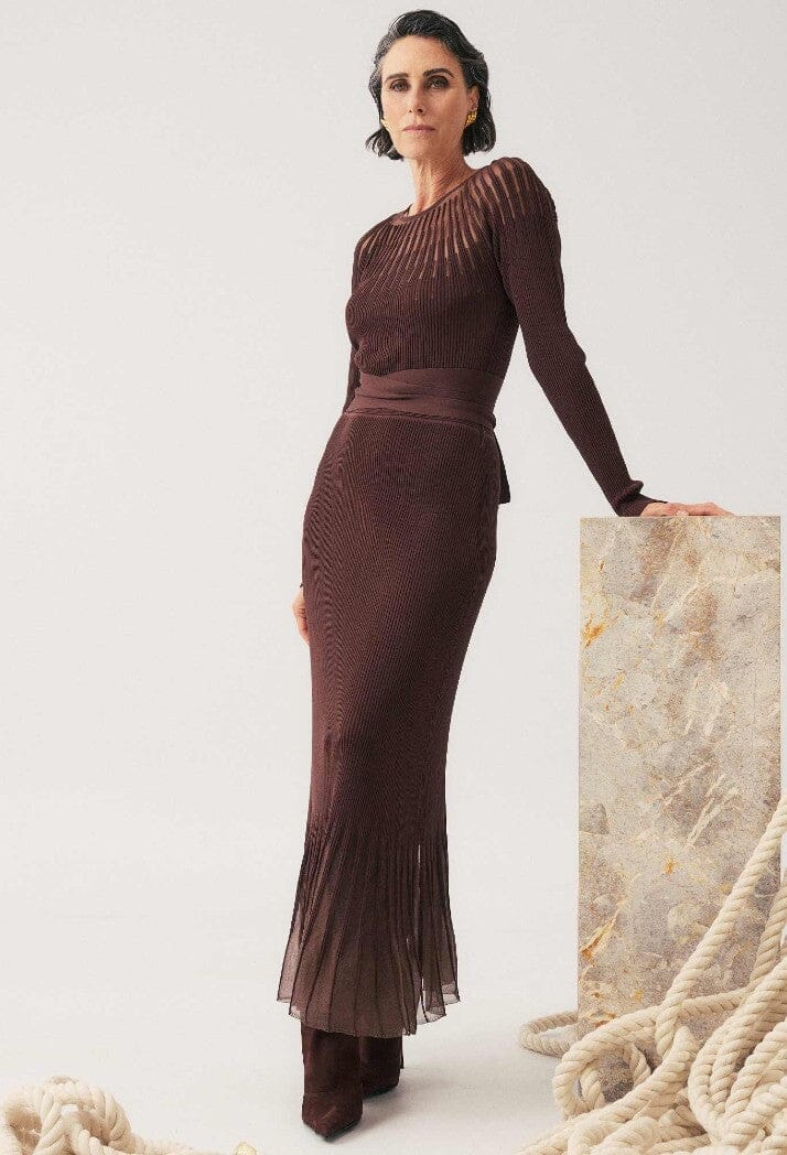 ONCE WAS Rhiannon Viscose Nylon Sheer Neckline Knit Dress - Mocha DRESS - Zabecca Living