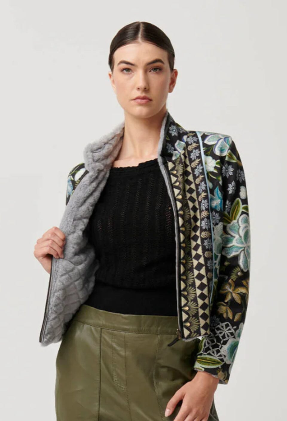 ONCE WAS Rylie Reversible Print &amp; Faux Fur Jacket - Dahlia fields Jacket - Zabecca Living