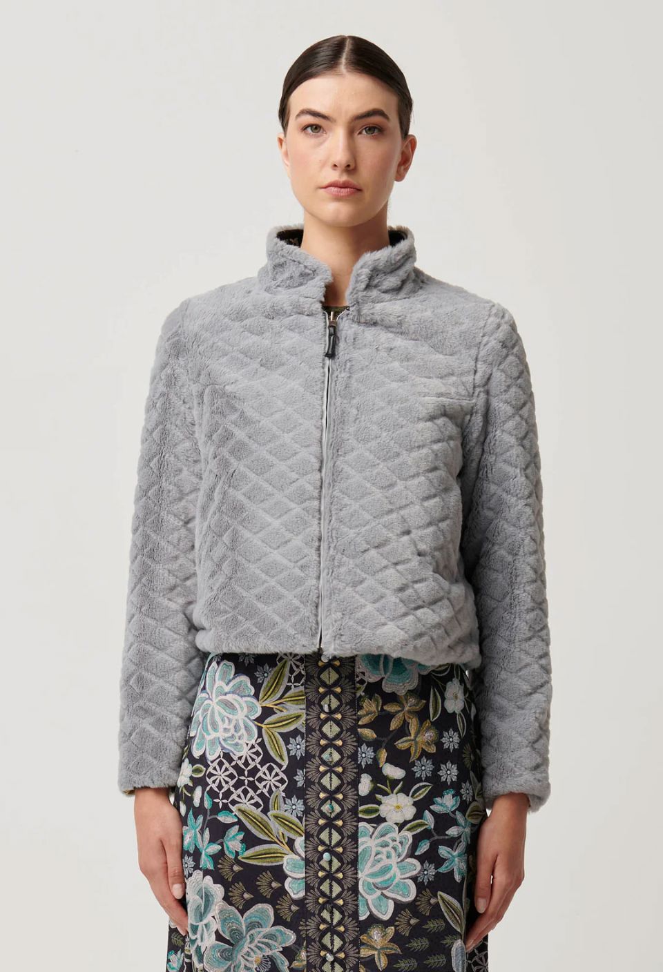 ONCE WAS Rylie Reversible Print &amp; Faux Fur Jacket - Dahlia fields Jacket - Zabecca Living