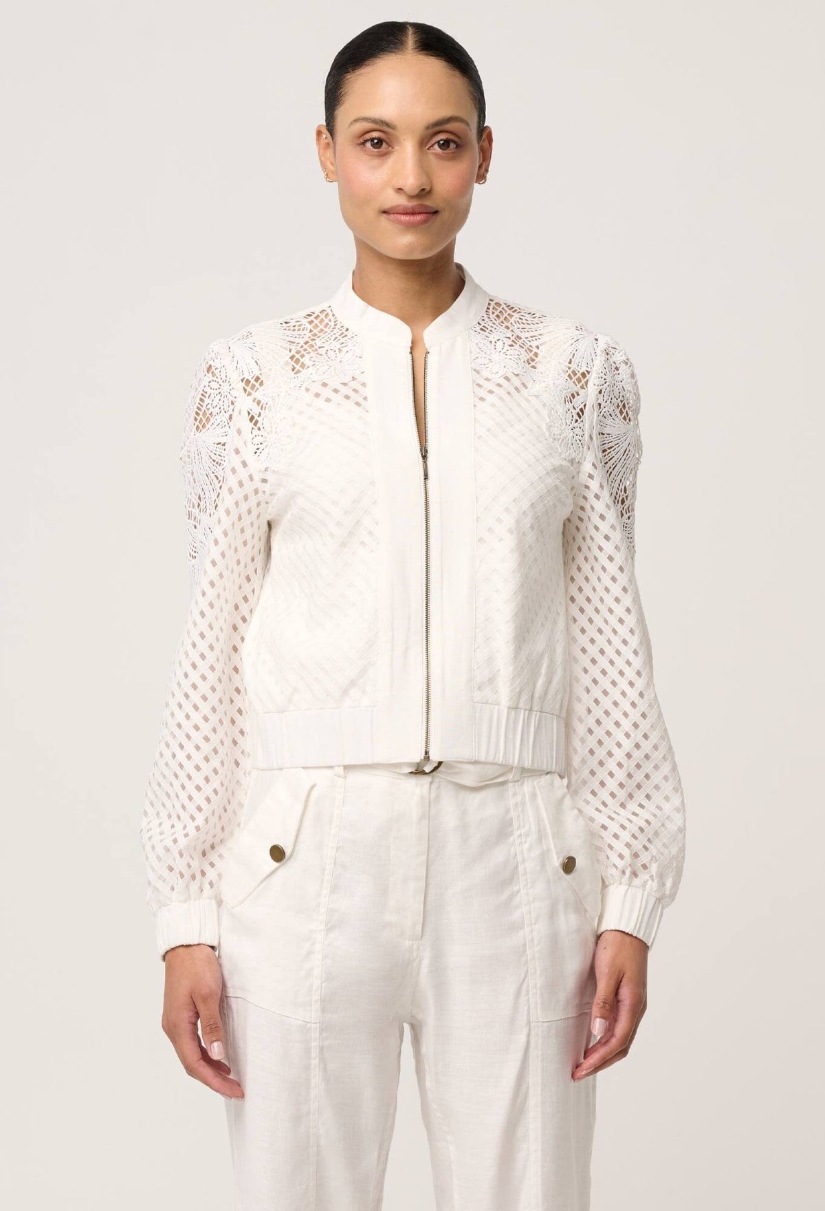 ONCE WAS Selena Cotton Silk Bomber Jacket - Ivory Jacket - Zabecca Living