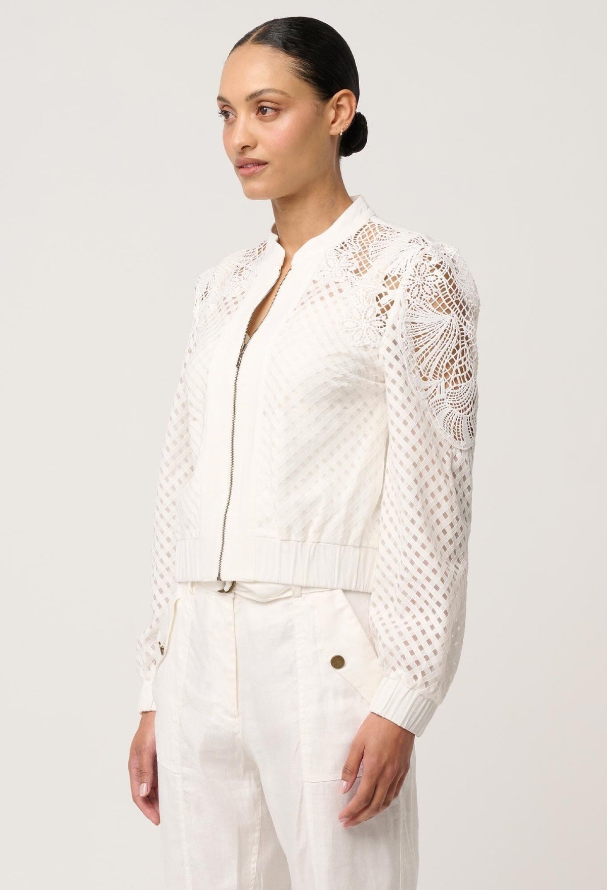ONCE WAS Selena Cotton Silk Bomber Jacket - Ivory Jacket - Zabecca Living