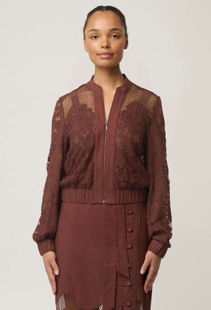 ONCE WAS Solene Cotton Blend Placement Lace Bomber - Rosewood Jacket - Zabecca Living