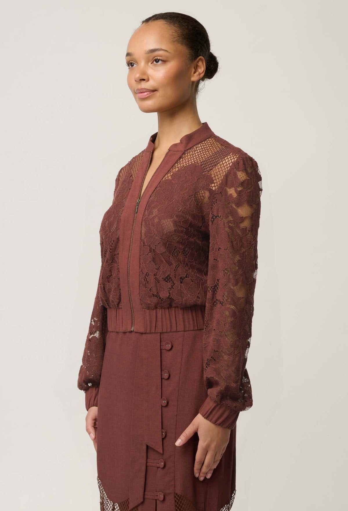 ONCE WAS Solene Cotton Blend Placement Lace Bomber - Rosewood Jacket - Zabecca Living