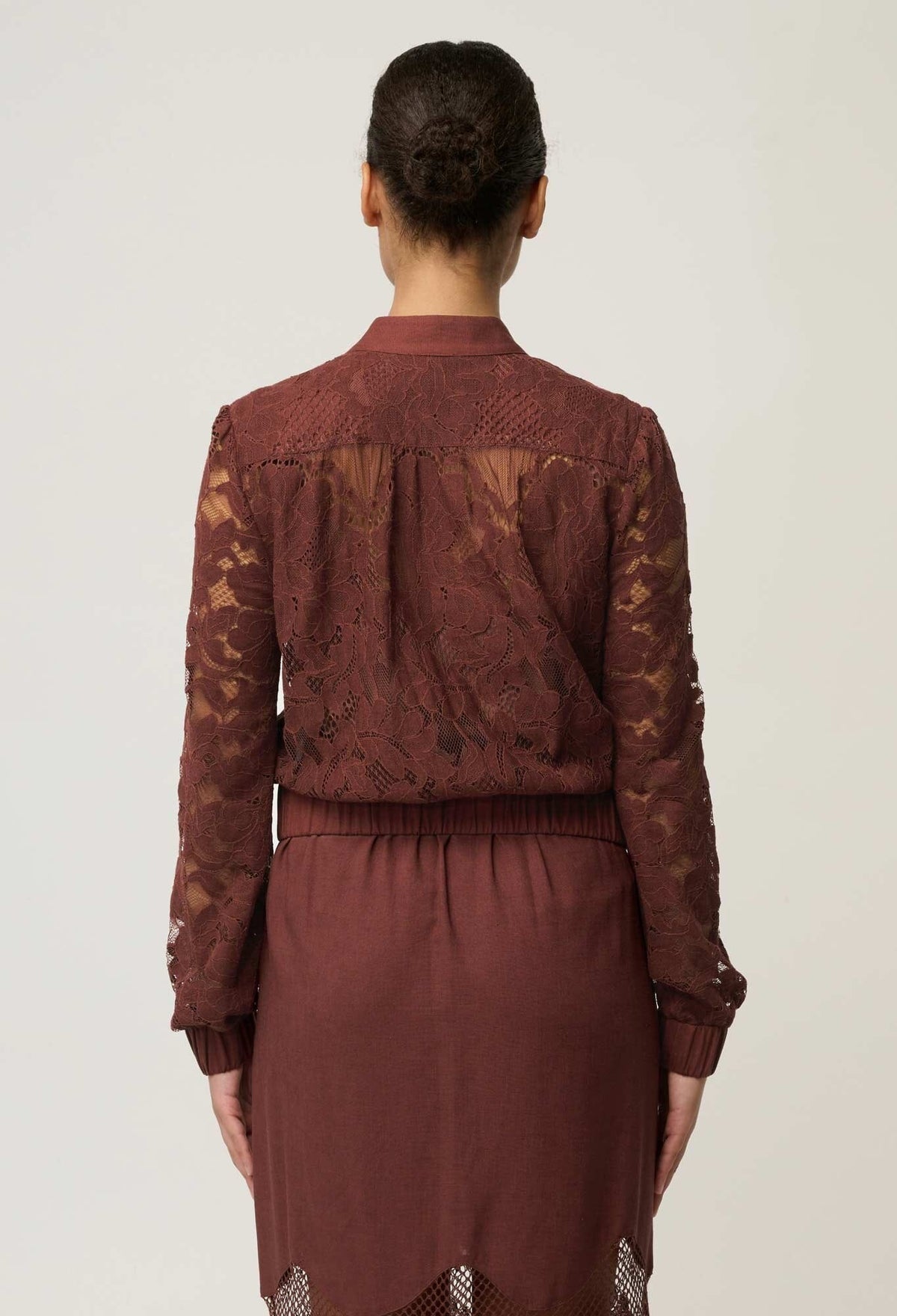 ONCE WAS Solene Cotton Blend Placement Lace Bomber - Rosewood Jacket - Zabecca Living