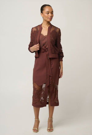 ONCE WAS Solene Cotton Blend Placement Lace Bomber - Rosewood Jacket - Zabecca Living