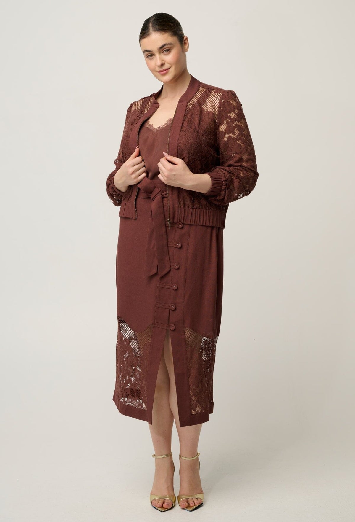 ONCE WAS Solene Cotton Blend Placement Lace Bomber - Rosewood Jacket - Zabecca Living