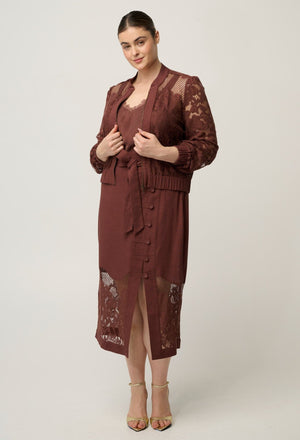 ONCE WAS Solene Cotton Blend Placement Lace Bomber - Rosewood Jacket - Zabecca Living