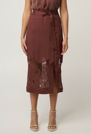 ONCE WAS Solene Linen Viscose Placement Lace Midi Skirt - Rosewood Skirt - Zabecca Living