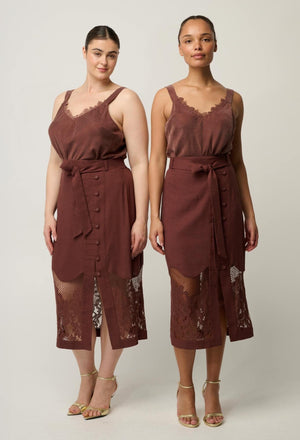 ONCE WAS Solene Linen Viscose Placement Lace Midi Skirt - Rosewood Skirt - Zabecca Living