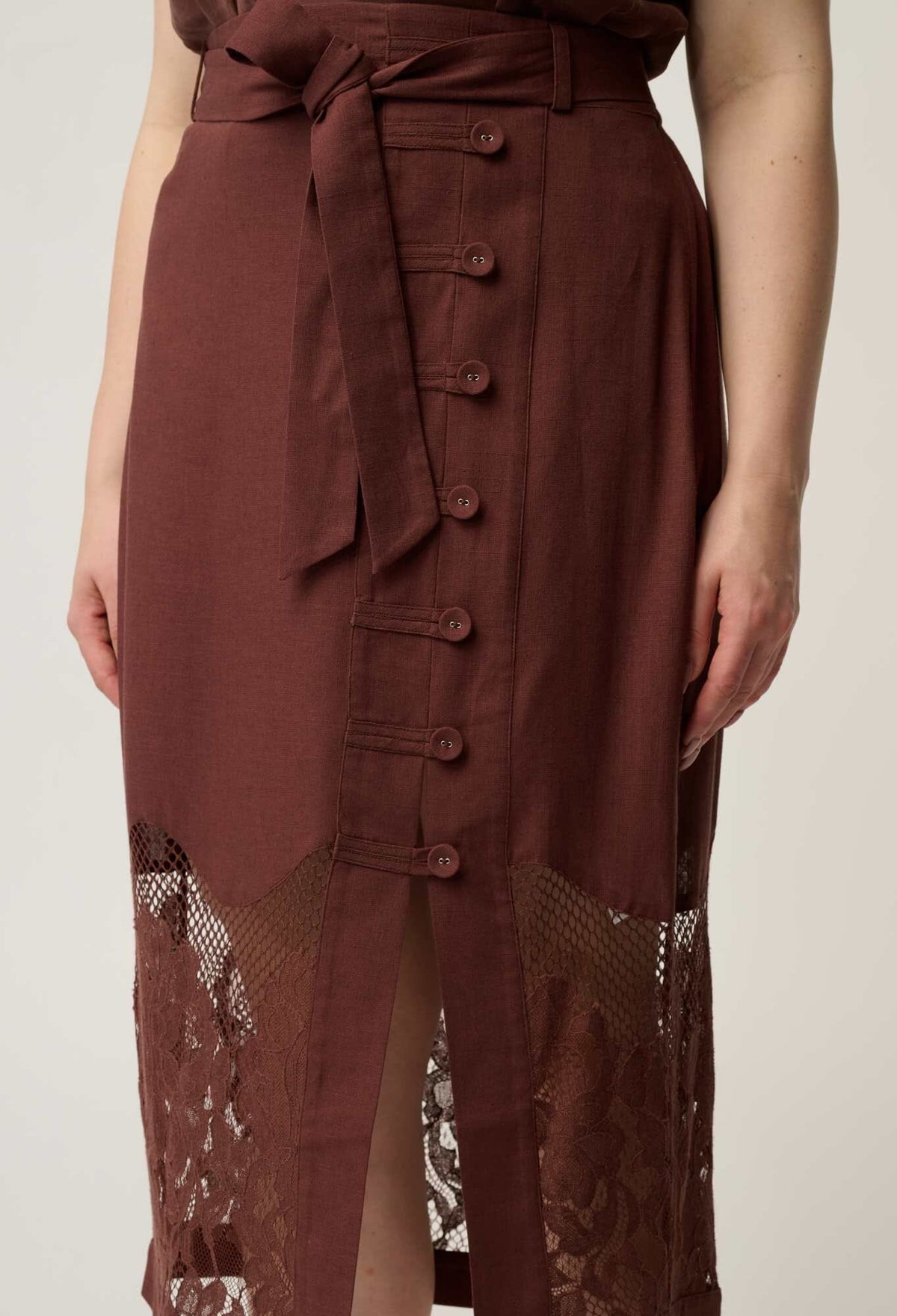 ONCE WAS Solene Linen Viscose Placement Lace Midi Skirt - Rosewood Skirt - Zabecca Living