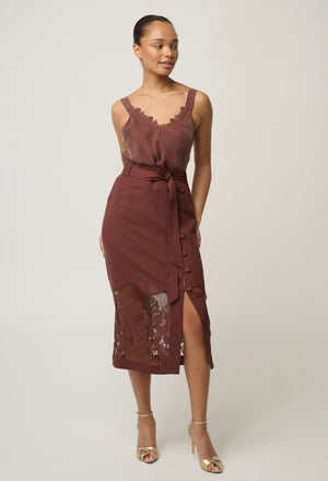 ONCE WAS Solene Linen Viscose Placement Lace Midi Skirt - Rosewood Skirt - Zabecca Living
