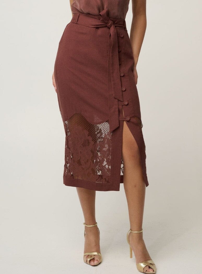 ONCE WAS Solene Linen Viscose Placement Lace Midi Skirt - Rosewood Skirt - Zabecca Living