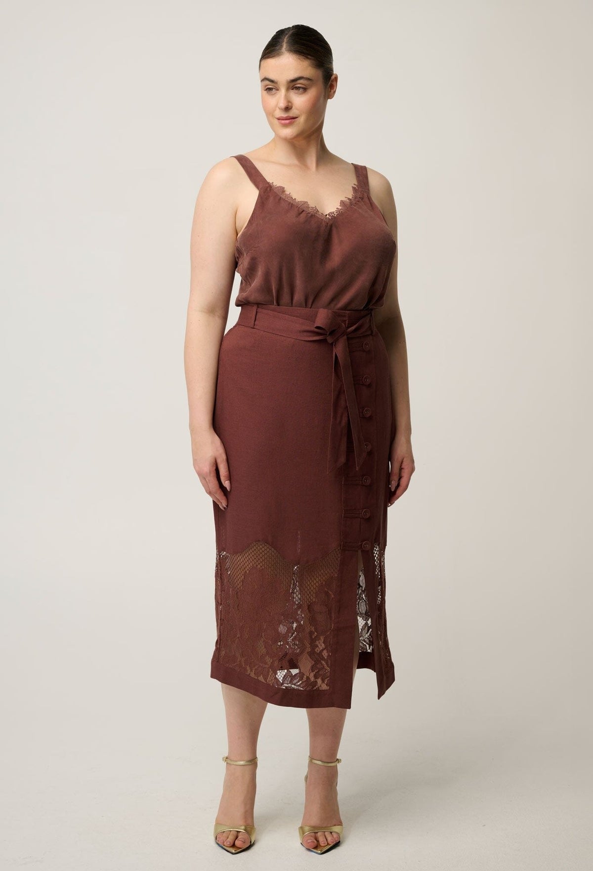ONCE WAS Solene Linen Viscose Placement Lace Midi Skirt - Rosewood Skirt - Zabecca Living