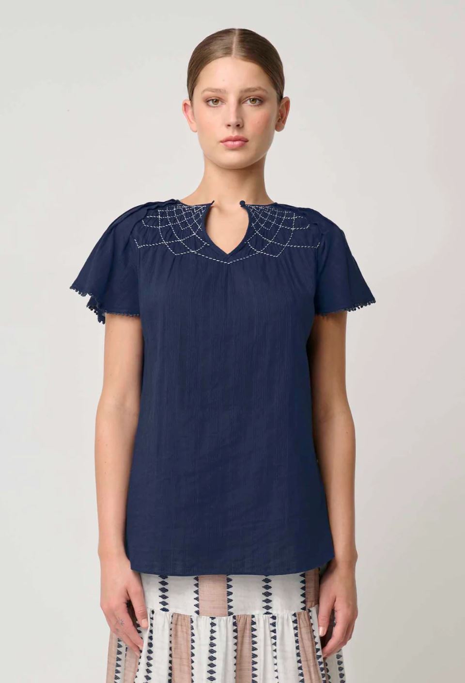 ONCE WAS St Lucia Cotton Self Stripe Smocked Top - Ink Shirts &amp; Blouses - Zabecca Living