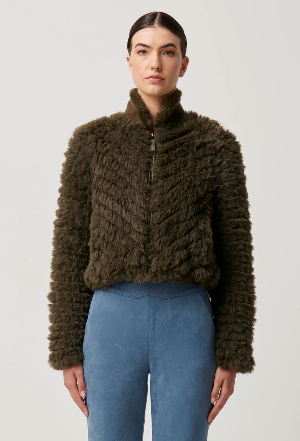 ONCE WAS Sybil Chevron Faux Fur Bomber Jacket - Moss Jacket - Zabecca Living