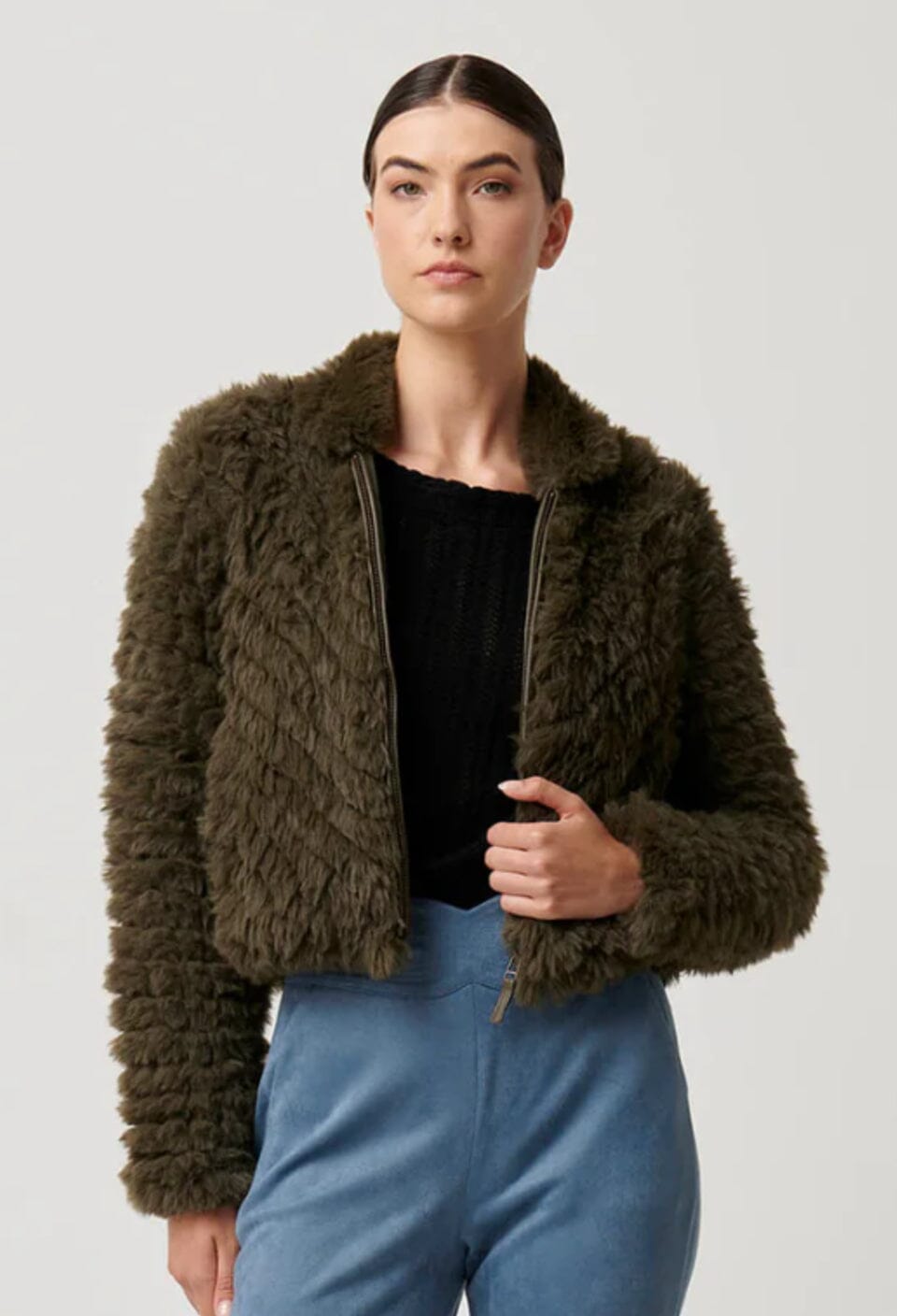 ONCE WAS Sybil Chevron Faux Fur Bomber Jacket - Moss Jacket - Zabecca Living
