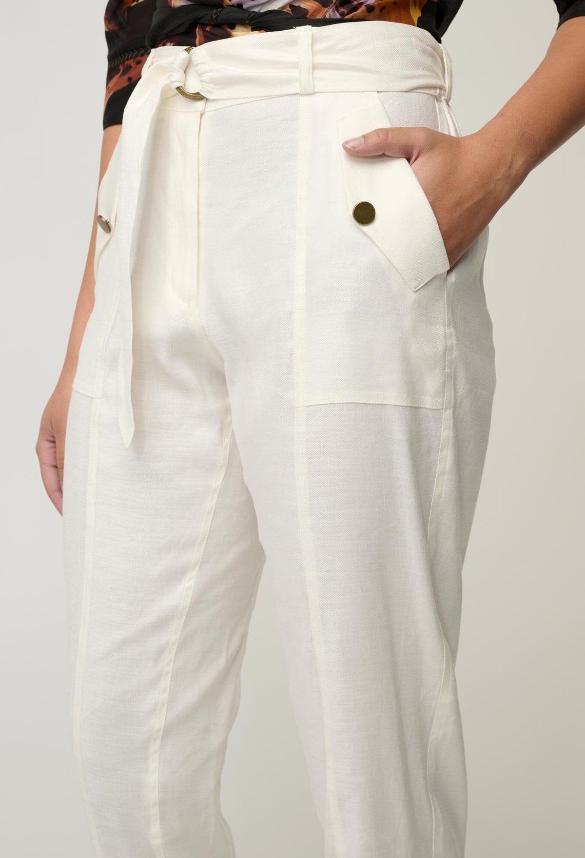 ONCE WAS Trinidad Stretch Linen Viscose Button Cuff Pant - Ivory PANTS - Zabecca Living