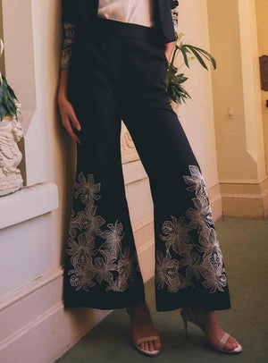 ONCE WAS Willow Linen Viscose Embroidery Detail Pant - Black PANTS - Zabecca Living