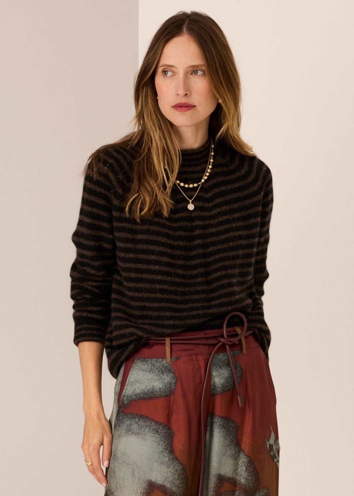 POL Carmel Stripe Knit - Black/Choc Jumpers + Knitwear - Zabecca Living