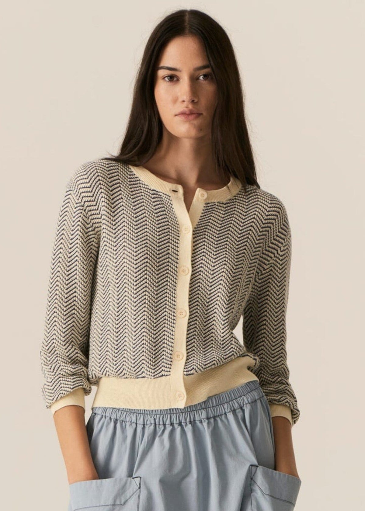 POL Jules Cardigan - Blue/Ivory Jumpers + Knitwear - Zabecca Living