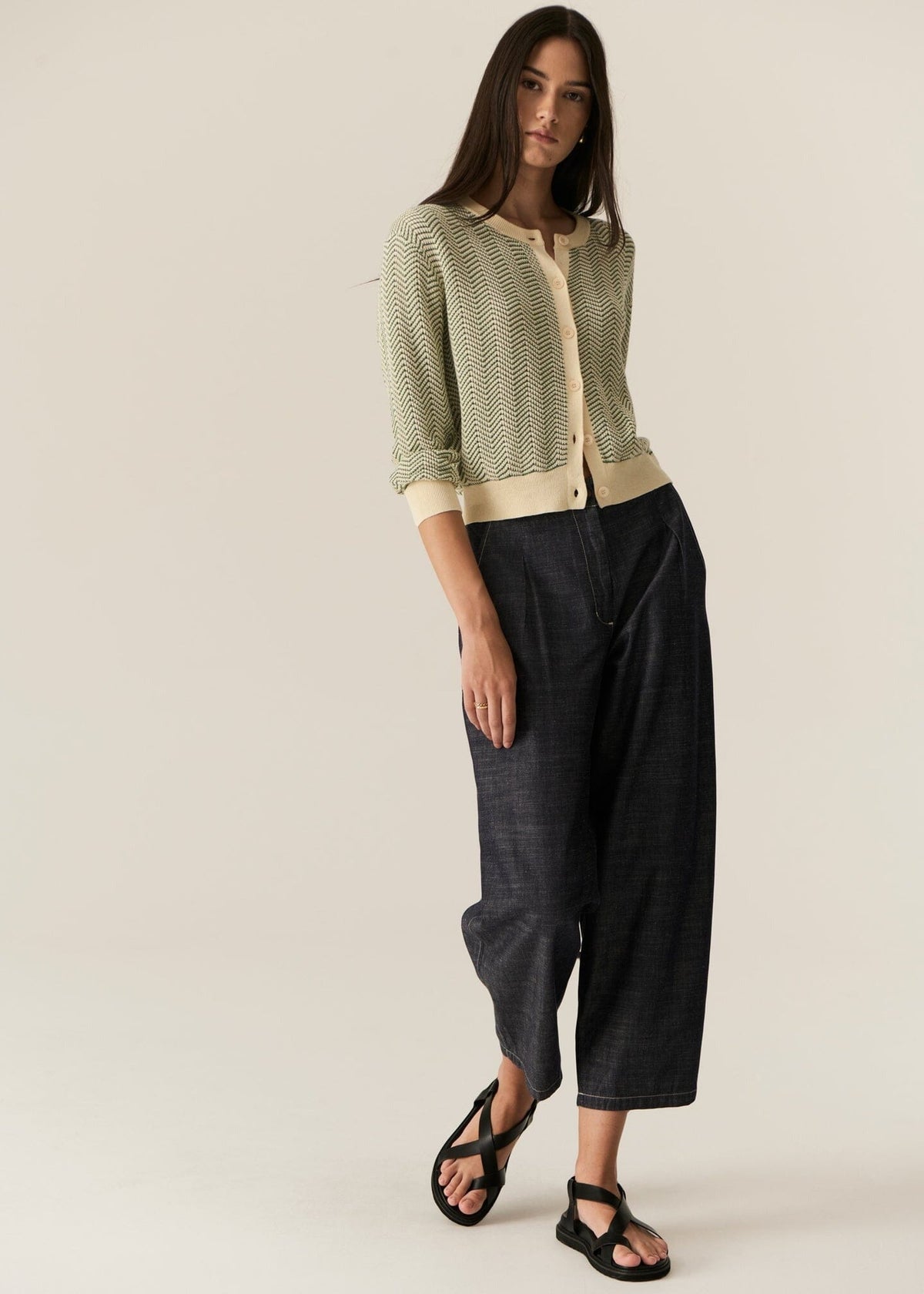 POL Jules Cardigan -Green/Ivory Jumpers + Knitwear - Zabecca Living