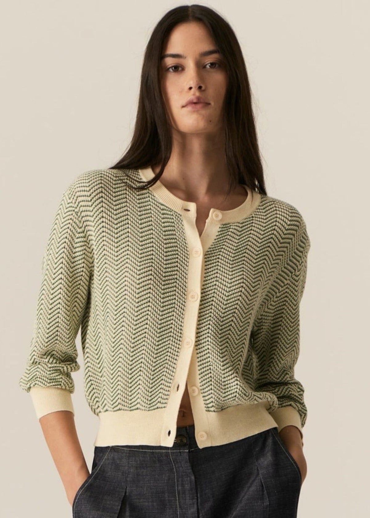 POL Jules Cardigan -Green/Ivory Jumpers + Knitwear - Zabecca Living