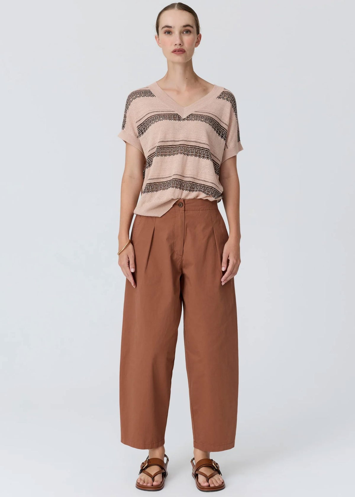 POL Liana V-neck Pointelle Knit Pink/Black Jumpers + Knitwear - Zabecca Living