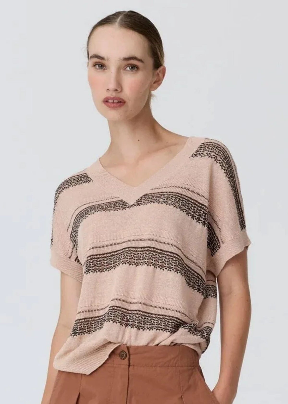POL Liana V-neck Pointelle Knit Pink/Black Jumpers + Knitwear - Zabecca Living