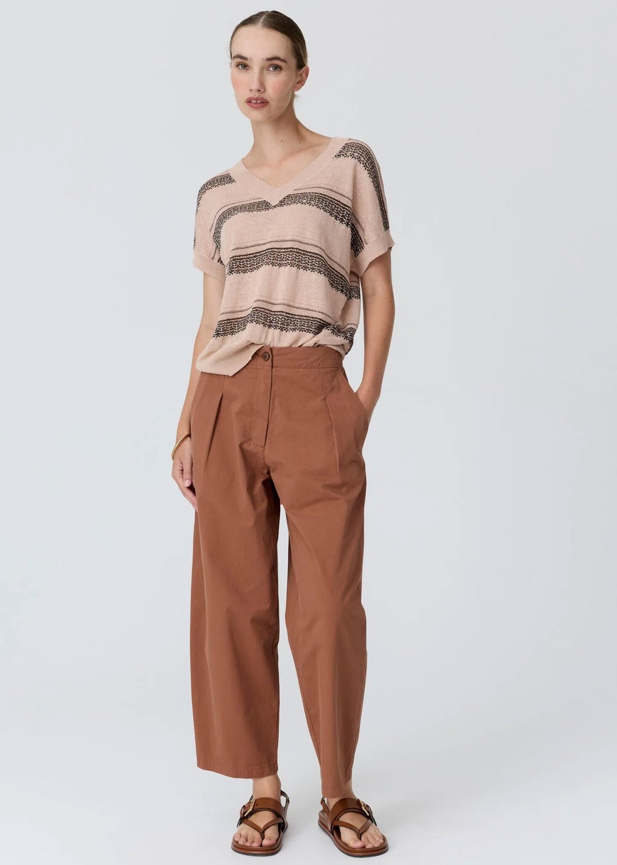 POL Liana V-neck Pointelle Knit Pink/Black Jumpers + Knitwear - Zabecca Living