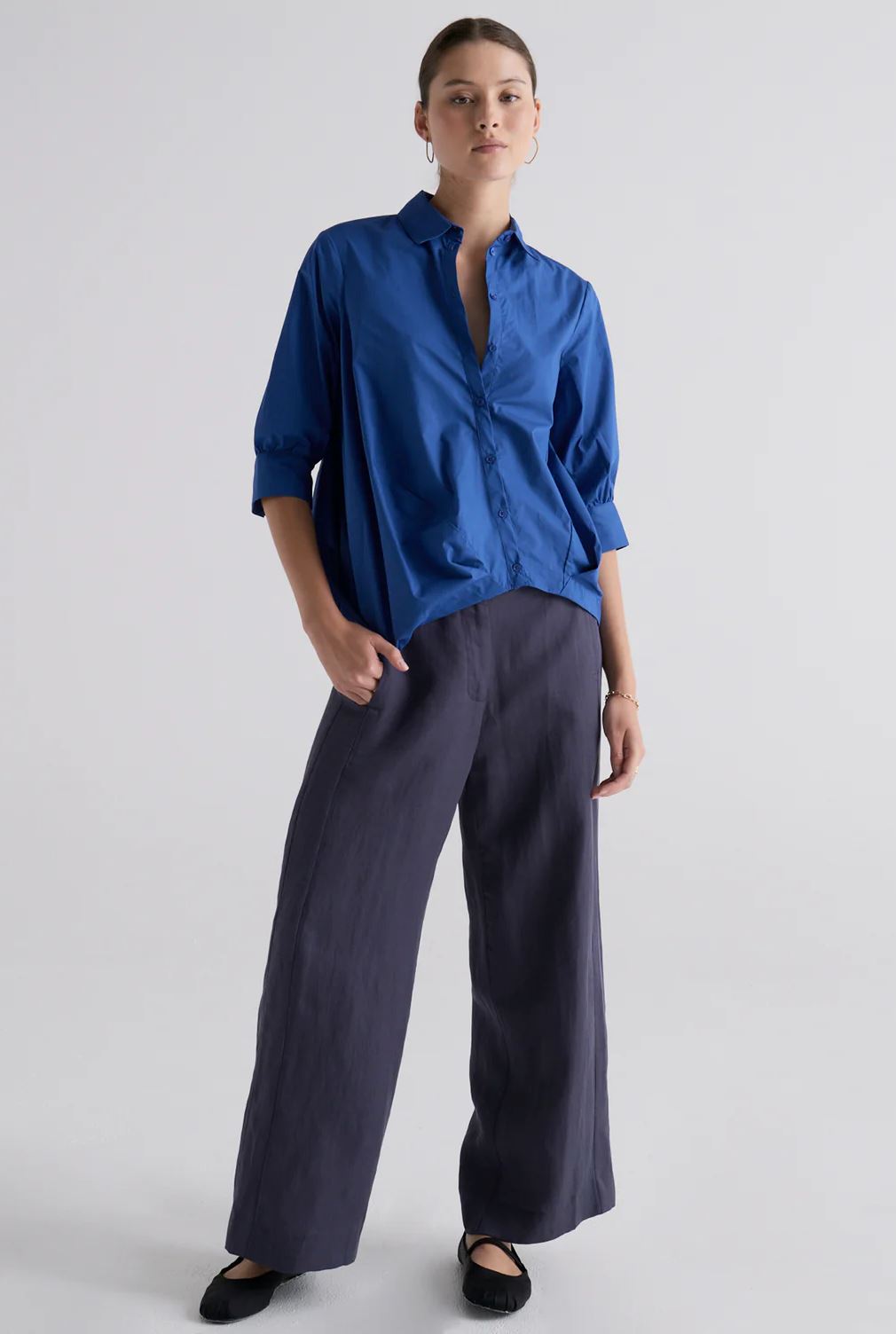 POL Louie Draped Shirt - Marine Shirts &amp; Blouses - Zabecca Living