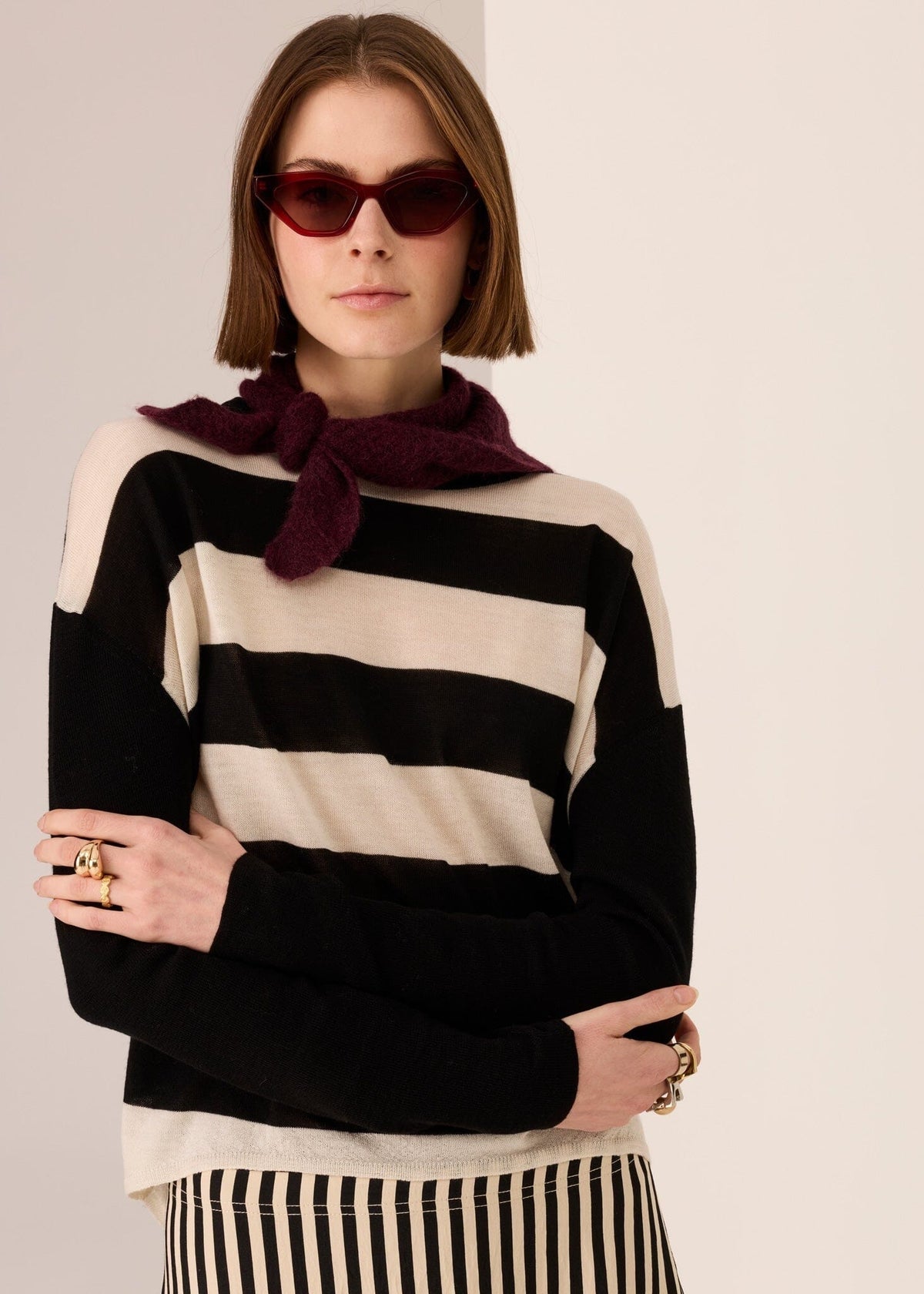 POL Meira Stripe Knit - Black Ivory Jumpers + Knitwear - Zabecca Living