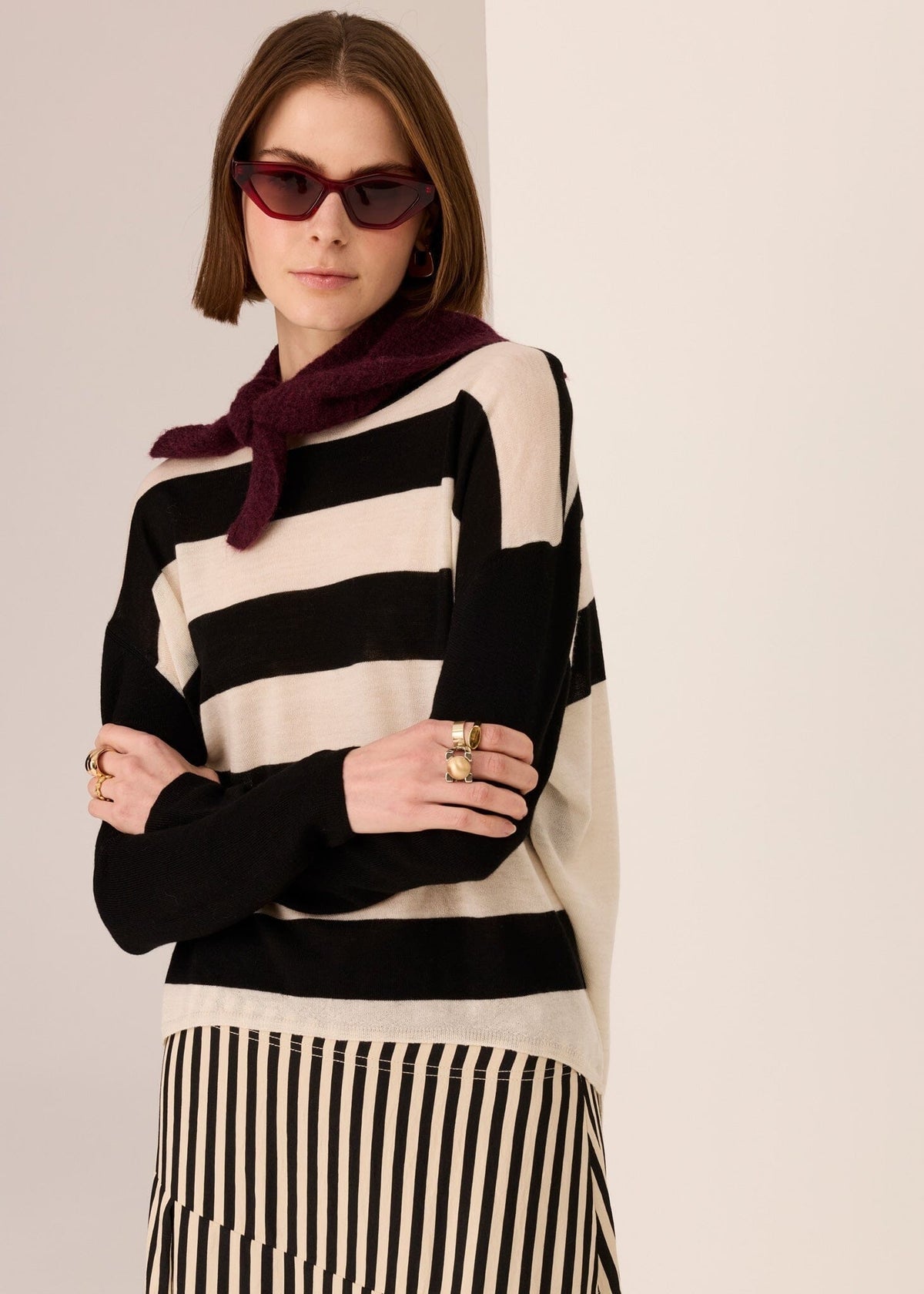 POL Meira Stripe Knit - Black Ivory Jumpers + Knitwear - Zabecca Living