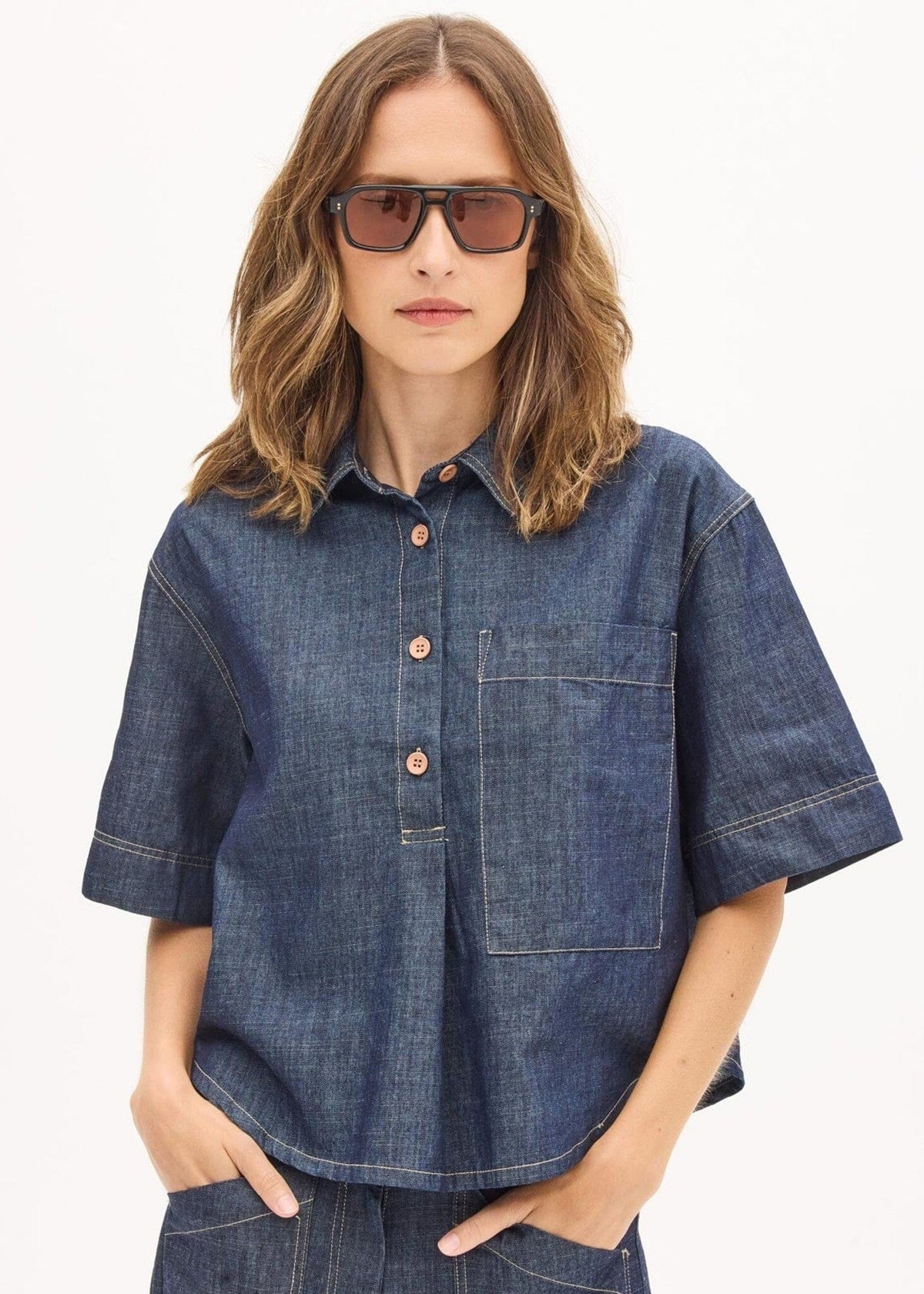POL Muhle Denim Shirt - Dark Wash Shirts &amp; Blouses - Zabecca Living