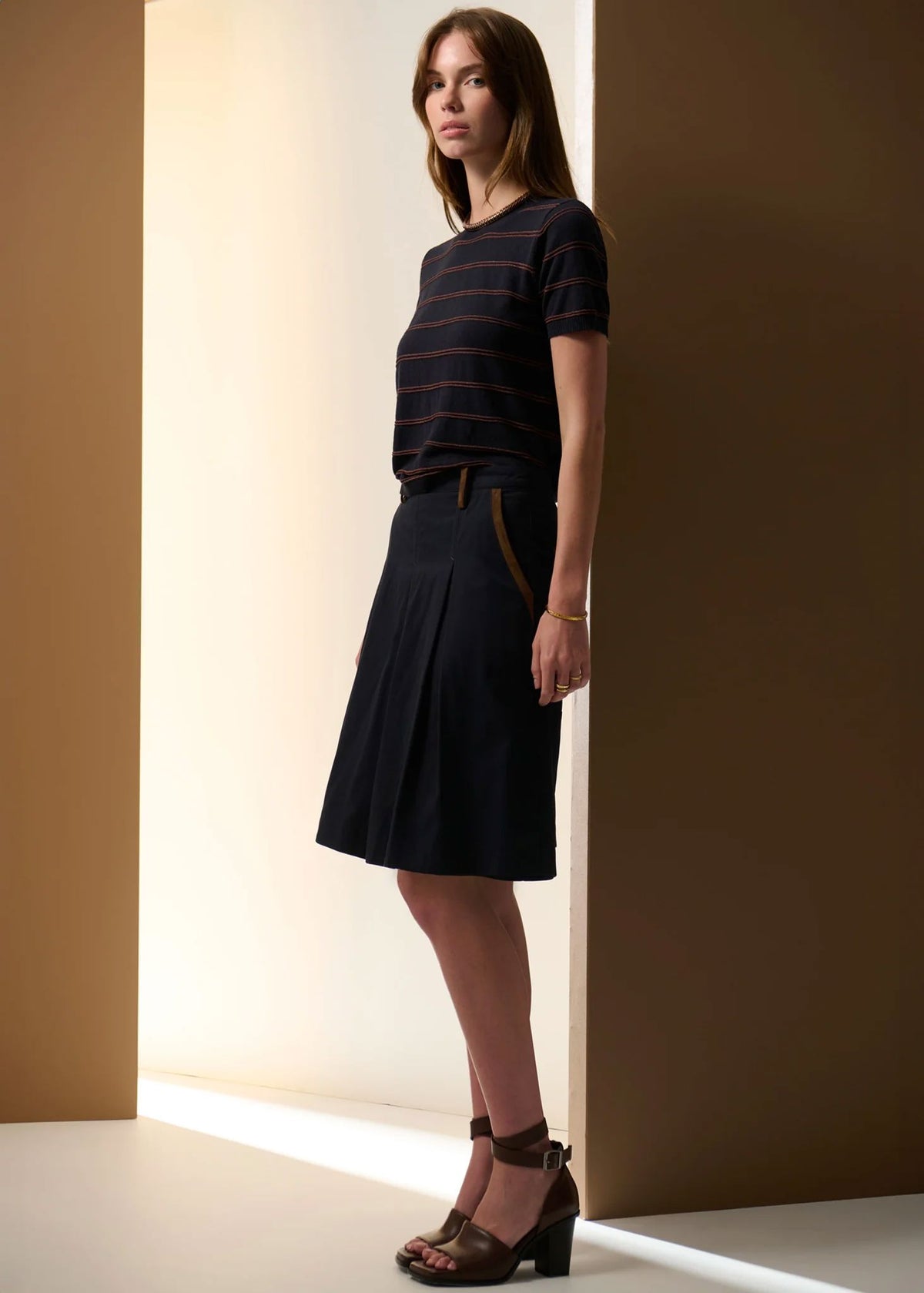 POL Sable Stripe Knit Tee - Ink/Choc Tee - Zabecca Living