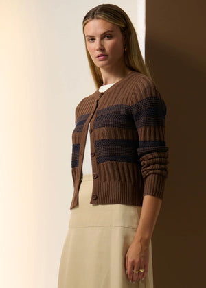 POL Sable Striped Cardigan - Choc/Ink Jumpers + Knitwear - Zabecca Living