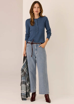 POL Tate Henley Knit - Blue Jumpers + Knitwear - Zabecca Living