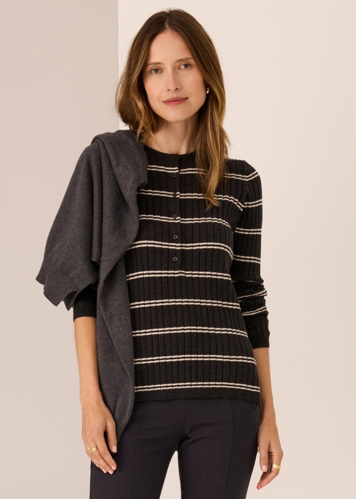 POL Tate Henley Knit - Charcoal/White Jumpers + Knitwear - Zabecca Living