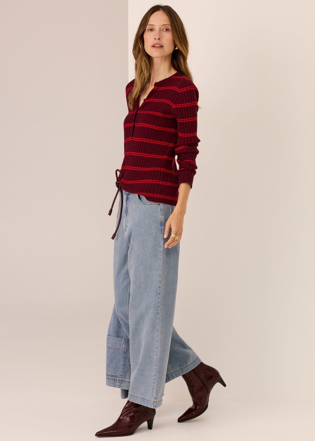 POL Tate Henley Knit - Merlot/Red Jumpers + Knitwear - Zabecca Living