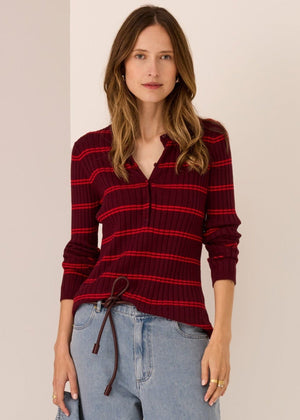 POL Tate Henley Knit - Merlot/Red Jumpers + Knitwear - Zabecca Living